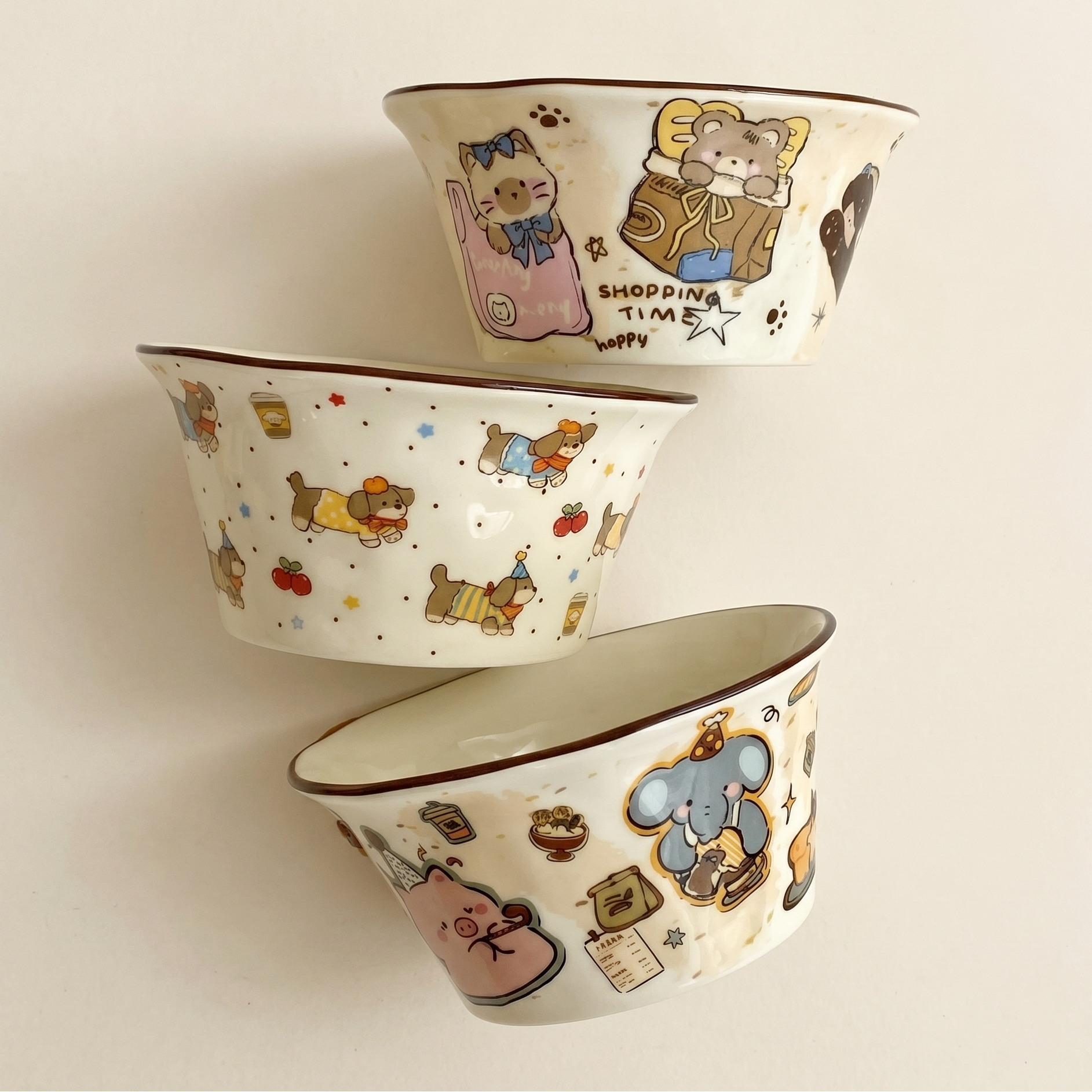 Cozy Character Illustrated Ceramic Bowl 13oz Baking Party Shopping Bear Dachshund - MoriMori Home