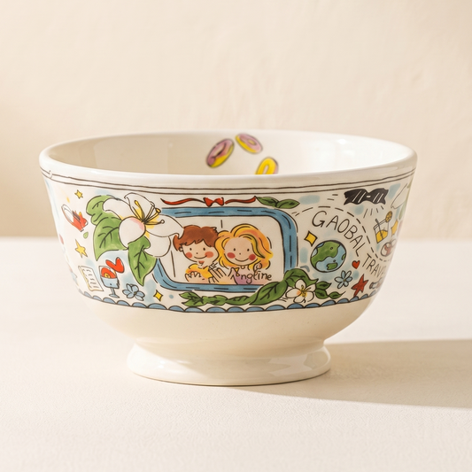 Cream Dutch Wife Ceramic Yogurt Bowl 5 inch retro illustration floral - MoriMori Home