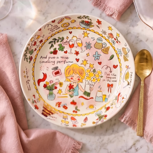 Cream Dutch Wife Ceramic Soup Plate 8 inch enchanting retro illustration - MoriMori Home
