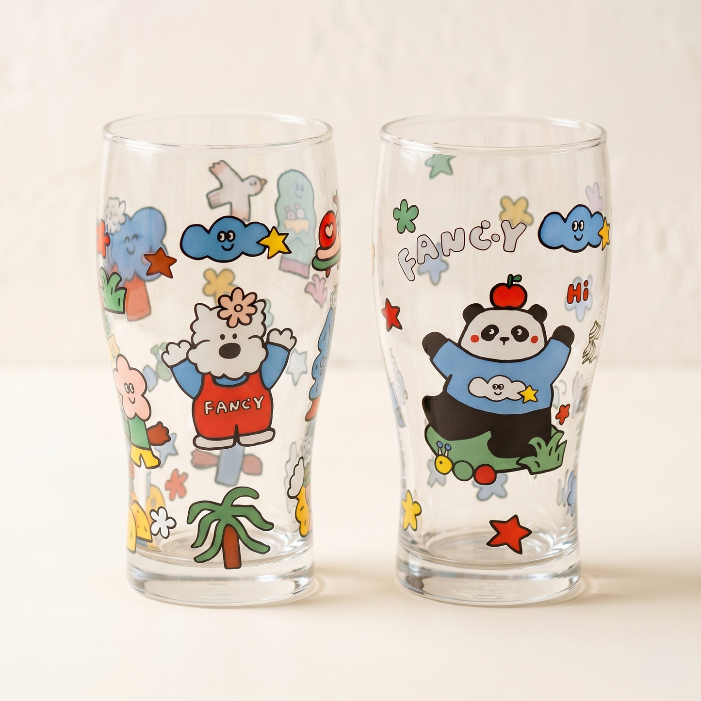 Cute Glass Beer Cup 20oz Panda and Puppy illustrated glass - MoriMori Home