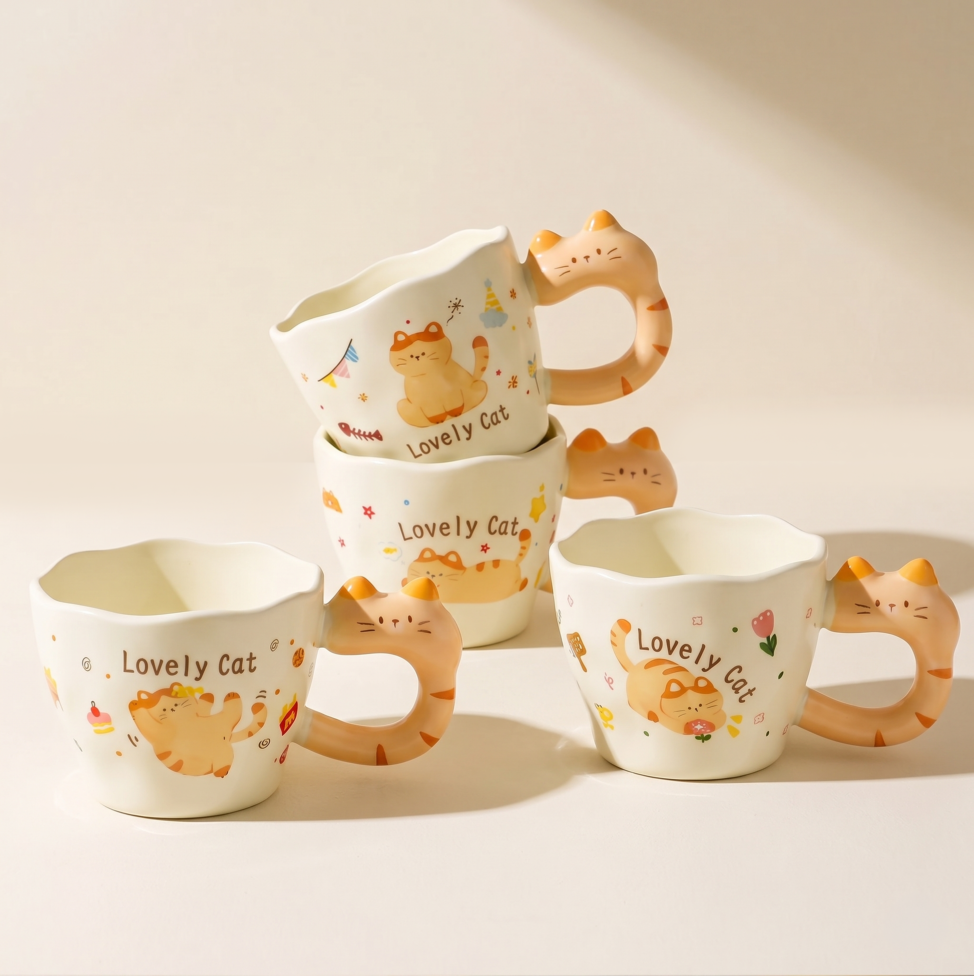 Cutie Cat Ceramic Mug 10 oz Lazy Cat French Fries Tulip variants - MoriMori Home