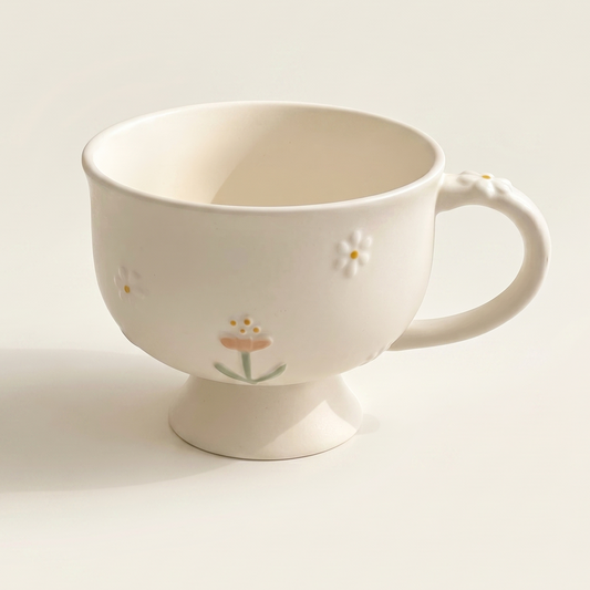 Daisy Ceramic Breakfast Cup 11.8 oz pedestal base petal rim - MoriMori Home