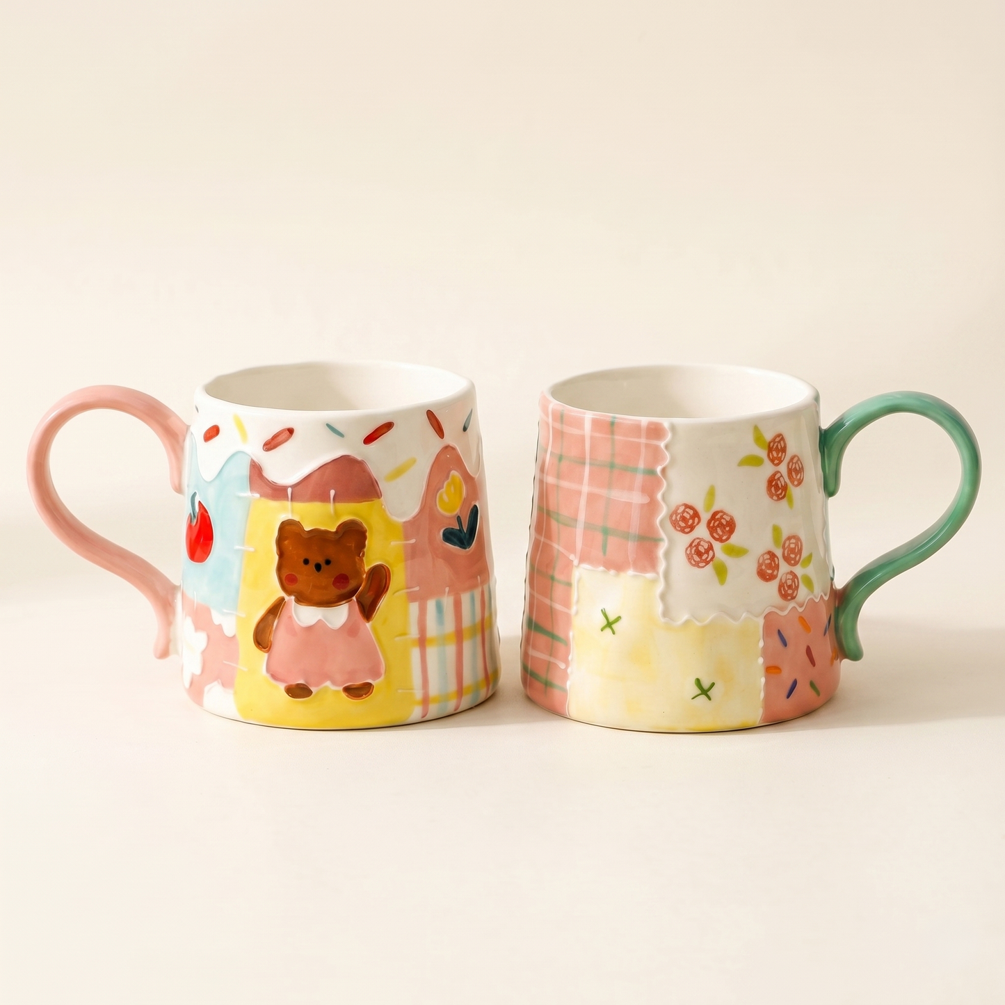 Embossed Ceramic Mug Hand-Painted Flower Grille Little Bear - MoriMori Home
