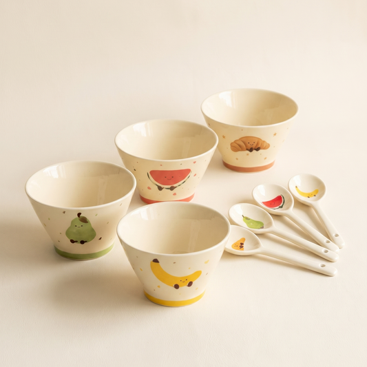 Fruit and Croissant Hat Ceramic Bowl Set 5 inch Set of 4 conical hat silhouette - MoriMori Home
