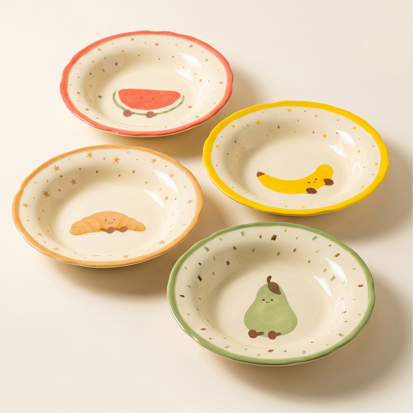 Fruit and Croissant Illustrated Ceramic Plate Set of 4 - MoriMori Home