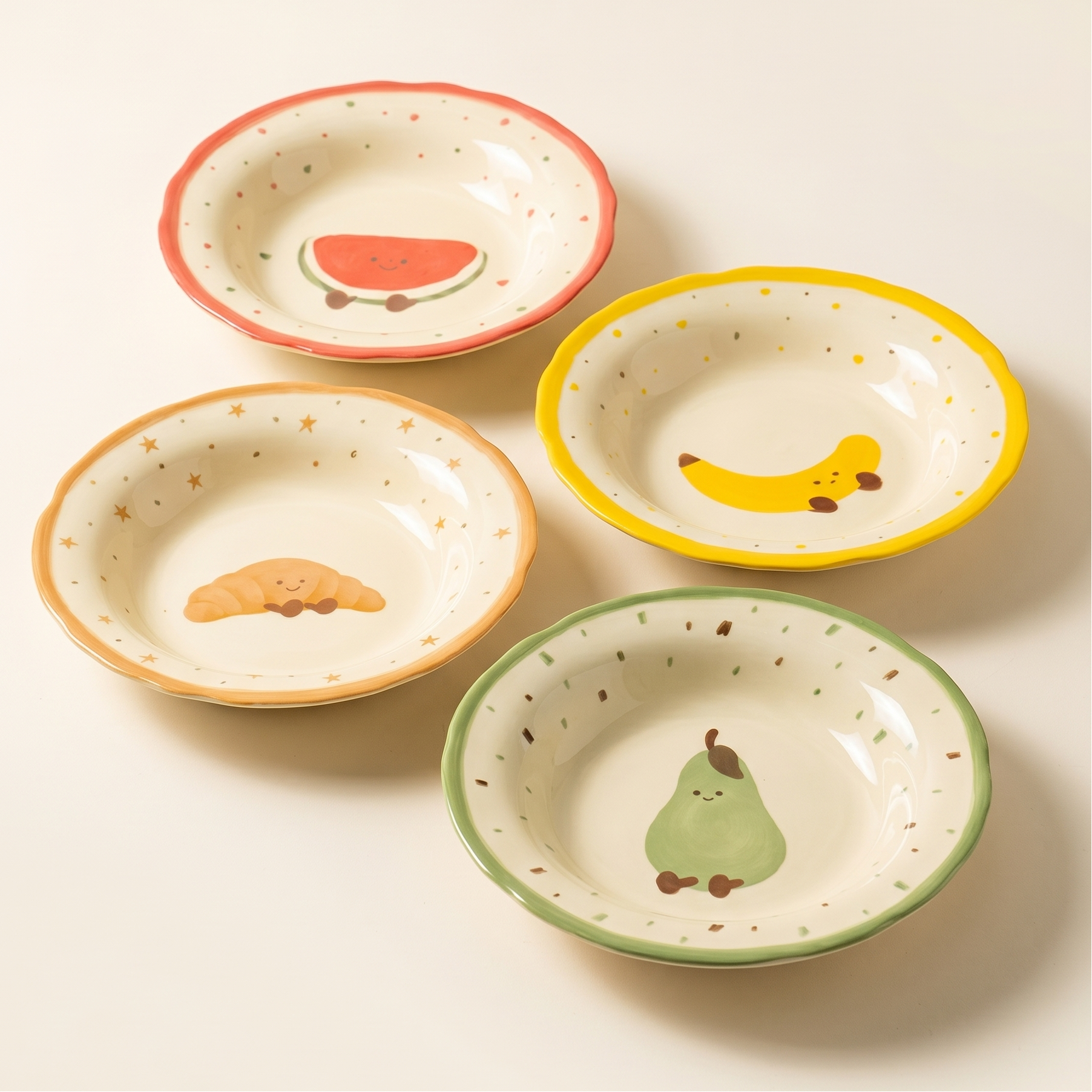 Fruit and Croissant Illustrated Ceramic Plate Set of 4 - MoriMori Home