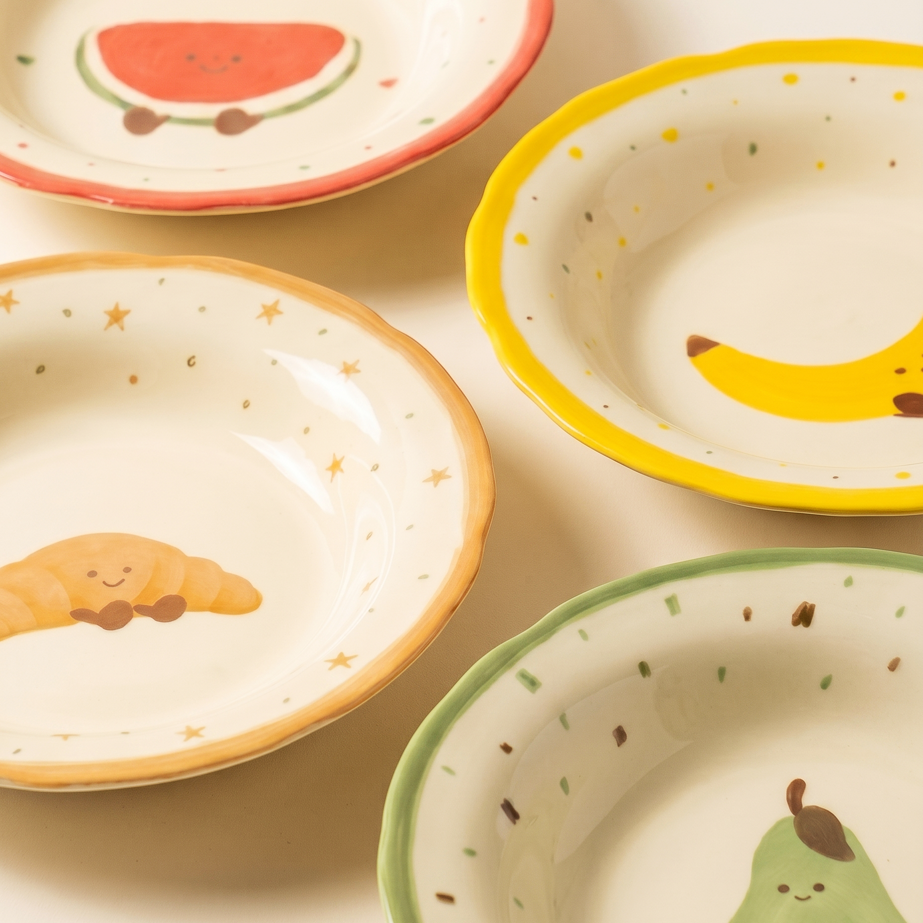 Fruit and Croissant Ceramic Plate Set top view - MoriMori Home