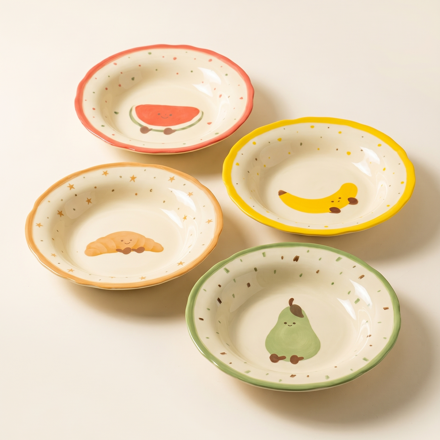 Fruit & Croissant Illustrated Ceramic Plate Set · Set of 4