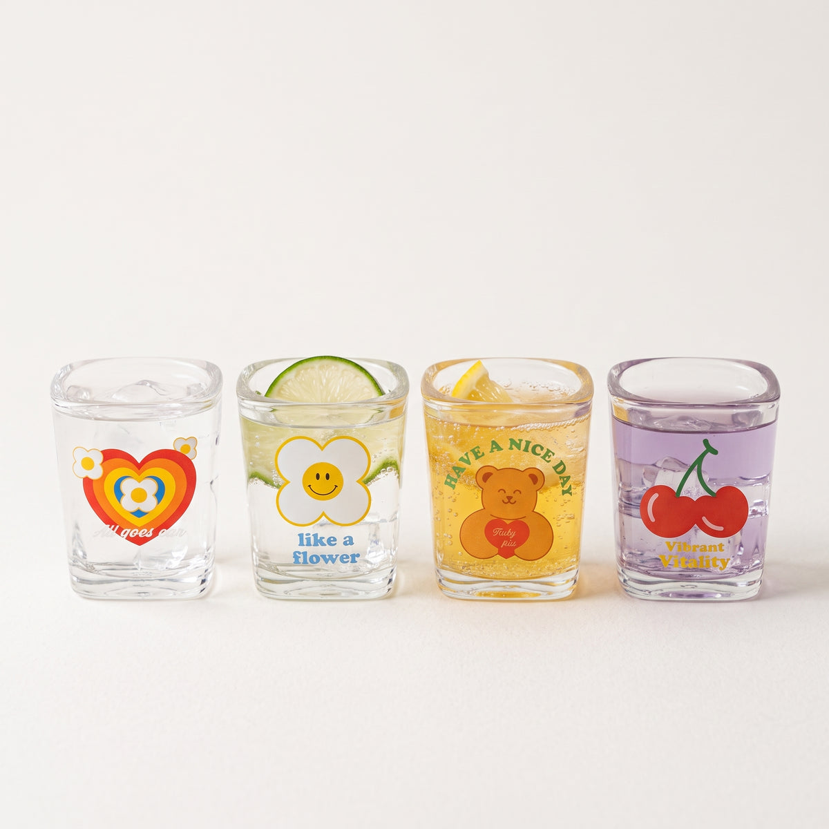 Rainbow Flower Illustrated Glass Cups · Set of 4 with Gift Box