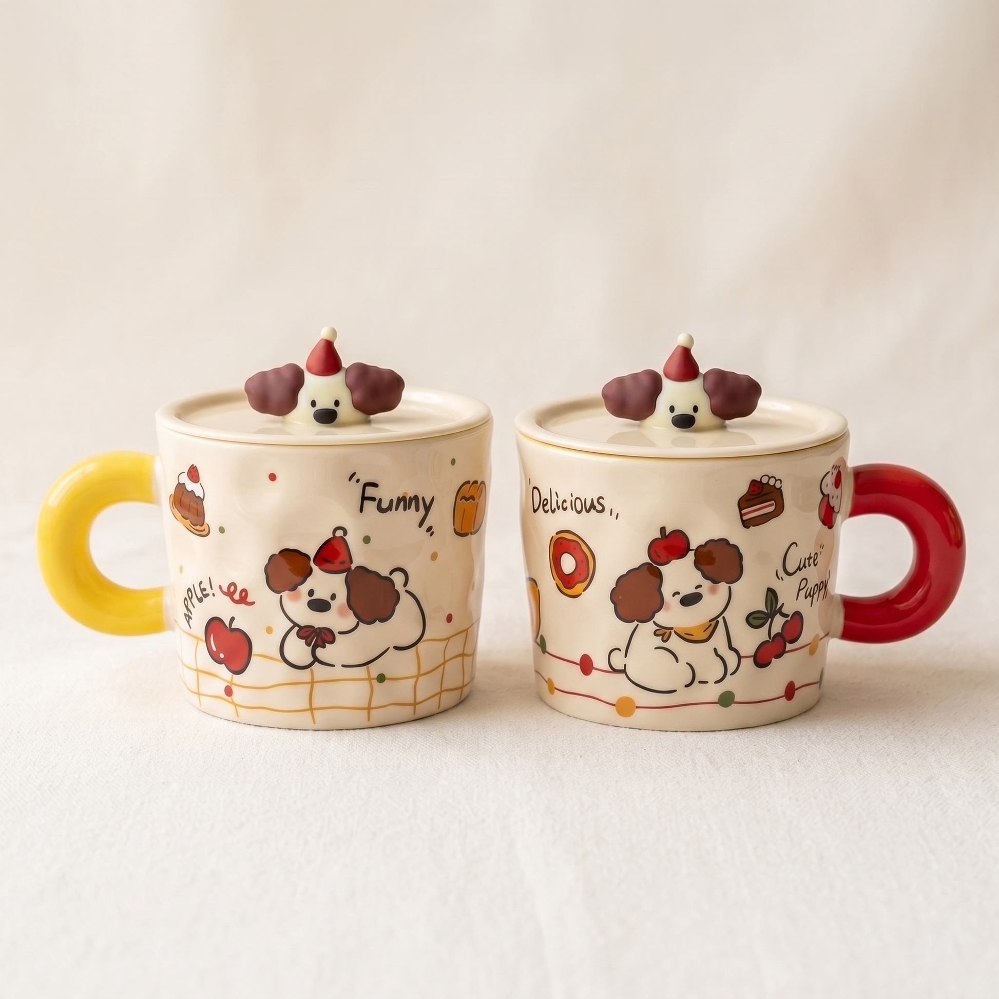 Puppy Party Ceramic Mug 11.8 oz illustrated dog characters Butter Yellow Red - MoriMori Home