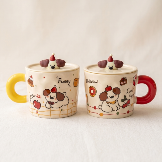 Puppy Party Ceramic Mug 11.8 oz illustrated dog characters Butter Yellow Red - MoriMori Home