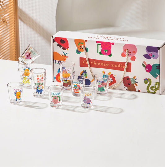 Cartoon Zodiac Glass Soju Cup · Set of 12