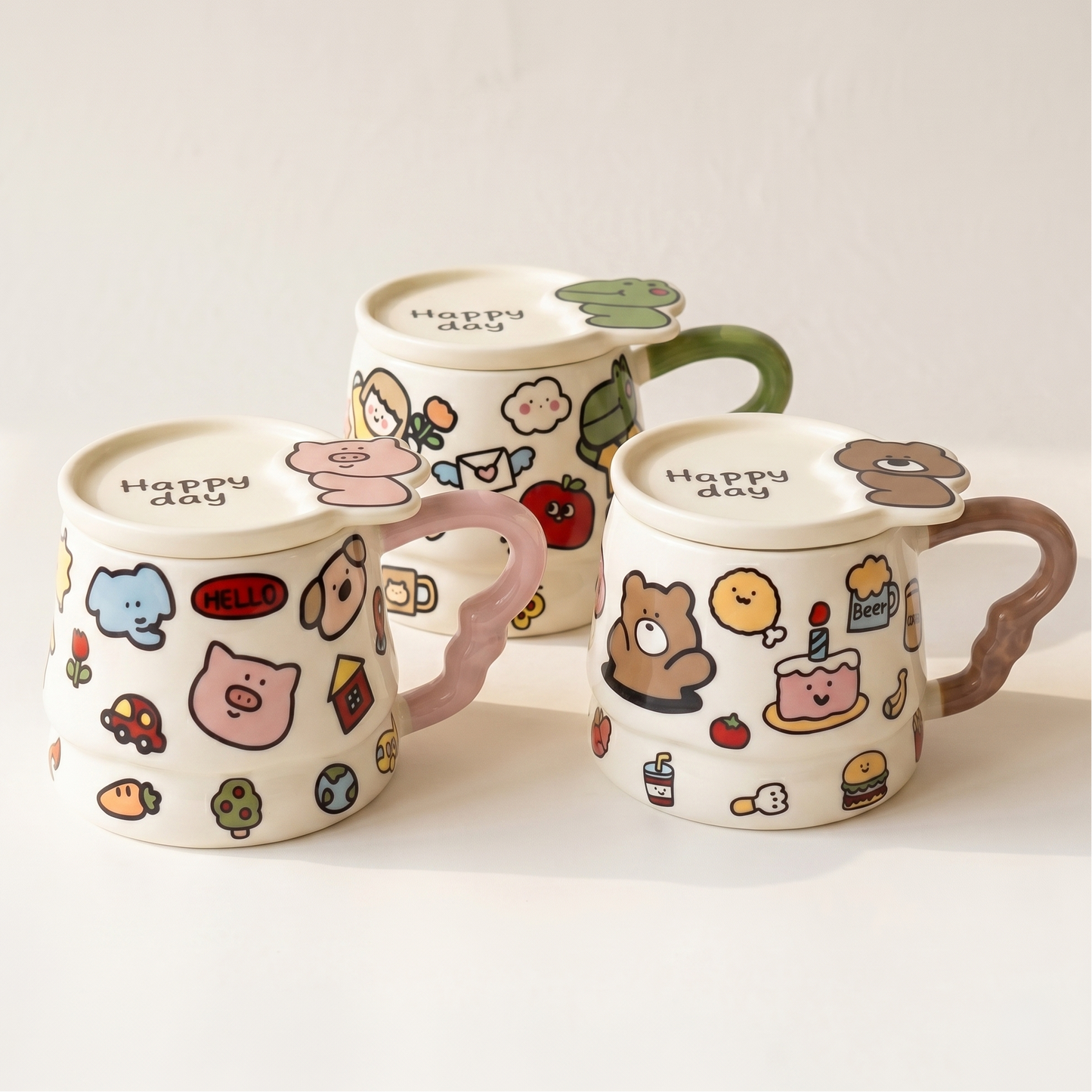 Graffiti Ceramic Mug with Lid 13.5 oz Bear Dino Piggy - MoriMori Home