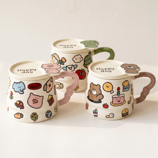 Graffiti Ceramic Mug with Lid 13.5 oz Bear Dino Piggy - MoriMori Home