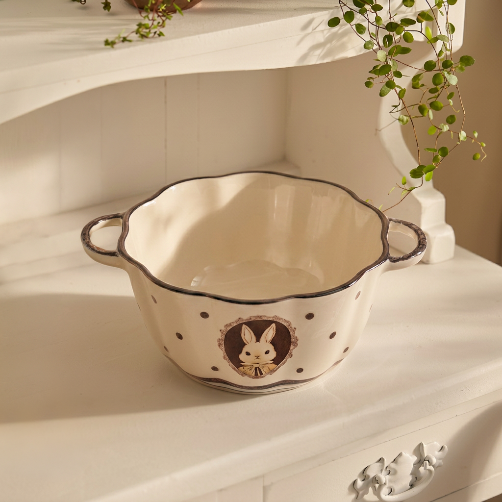 Hana Rabbit Double-Handle Ceramic Bowl · 6" Cream Glaze