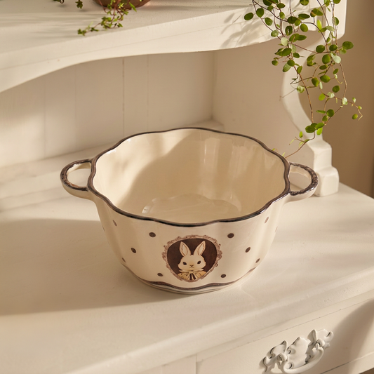Hana Rabbit Double-Handle Ceramic Bowl · 6" Cream Glaze