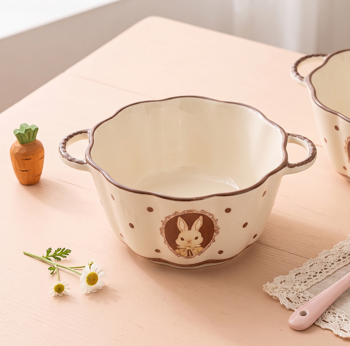 Hana Rabbit Double-Handle Ceramic Bowl · 6" Cream Glaze