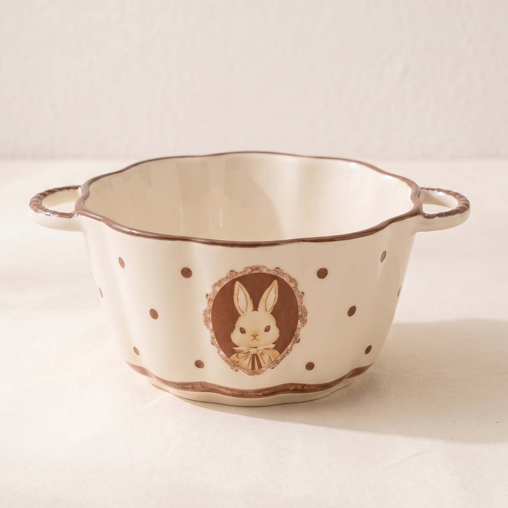 Hana Rabbit Double-Handle Ceramic Bowl 6 inch Cream Glaze - MoriMori Home