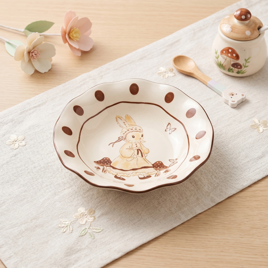 Hana Rabbit Lotus Deep Plate · 8" Milk White
