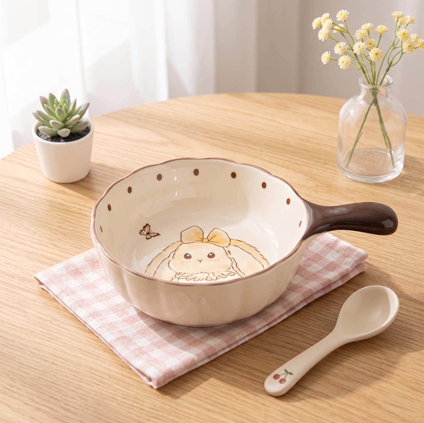 Hana Rabbit Lotus Handle Ceramic Bowl · 6" Milk White