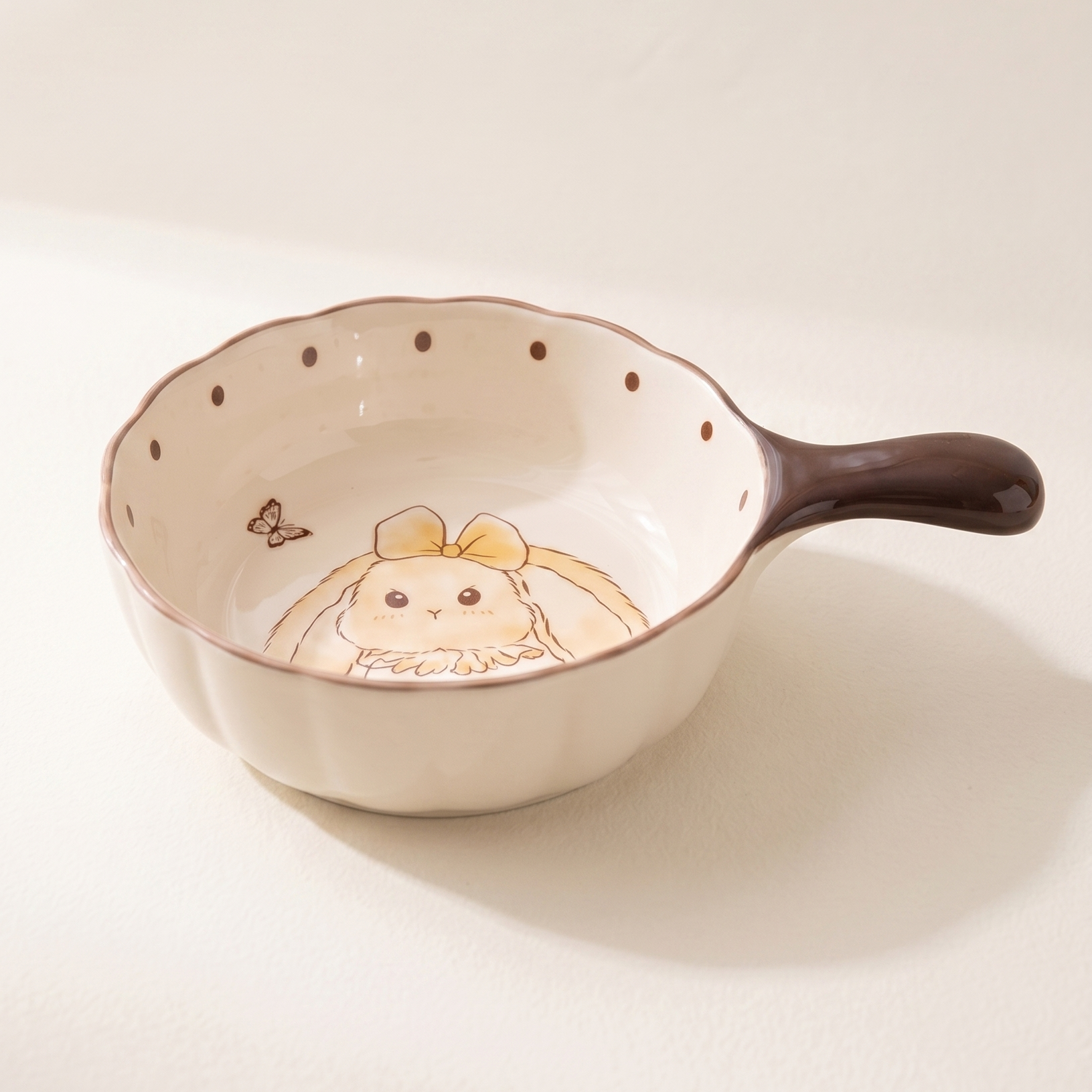 Hana Rabbit Lotus Handle Ceramic Bowl 6 inch Milk White - MoriMori Home