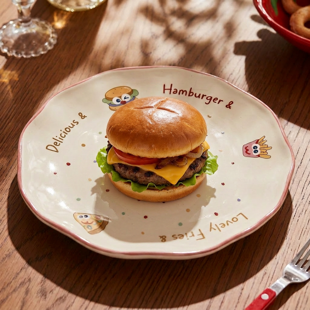 Happy Burger Illustrated Ceramic Plate styled - MoriMori Home