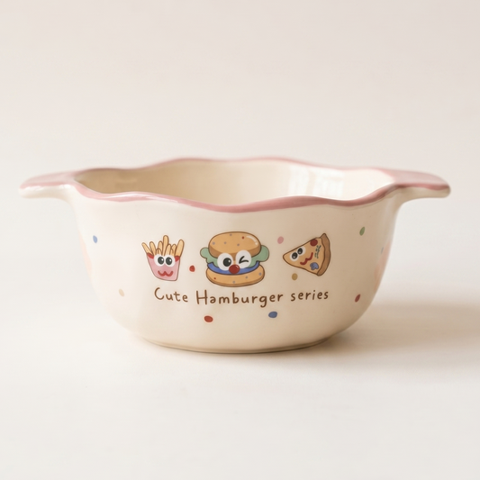 Happy Burger Illustrated Ceramic Double Ear Bowl 6.5 inch - MoriMori Home
