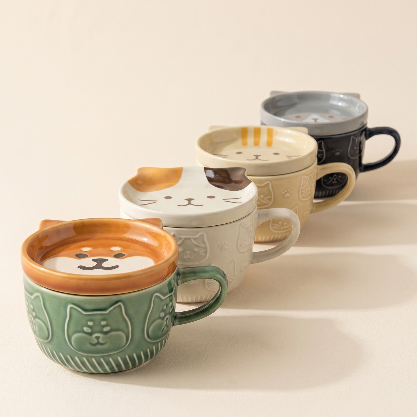 Japanese Cartoon Cat Ceramic Mug 11.8 oz Blue Orange Three-Color Shiba - MoriMori Home