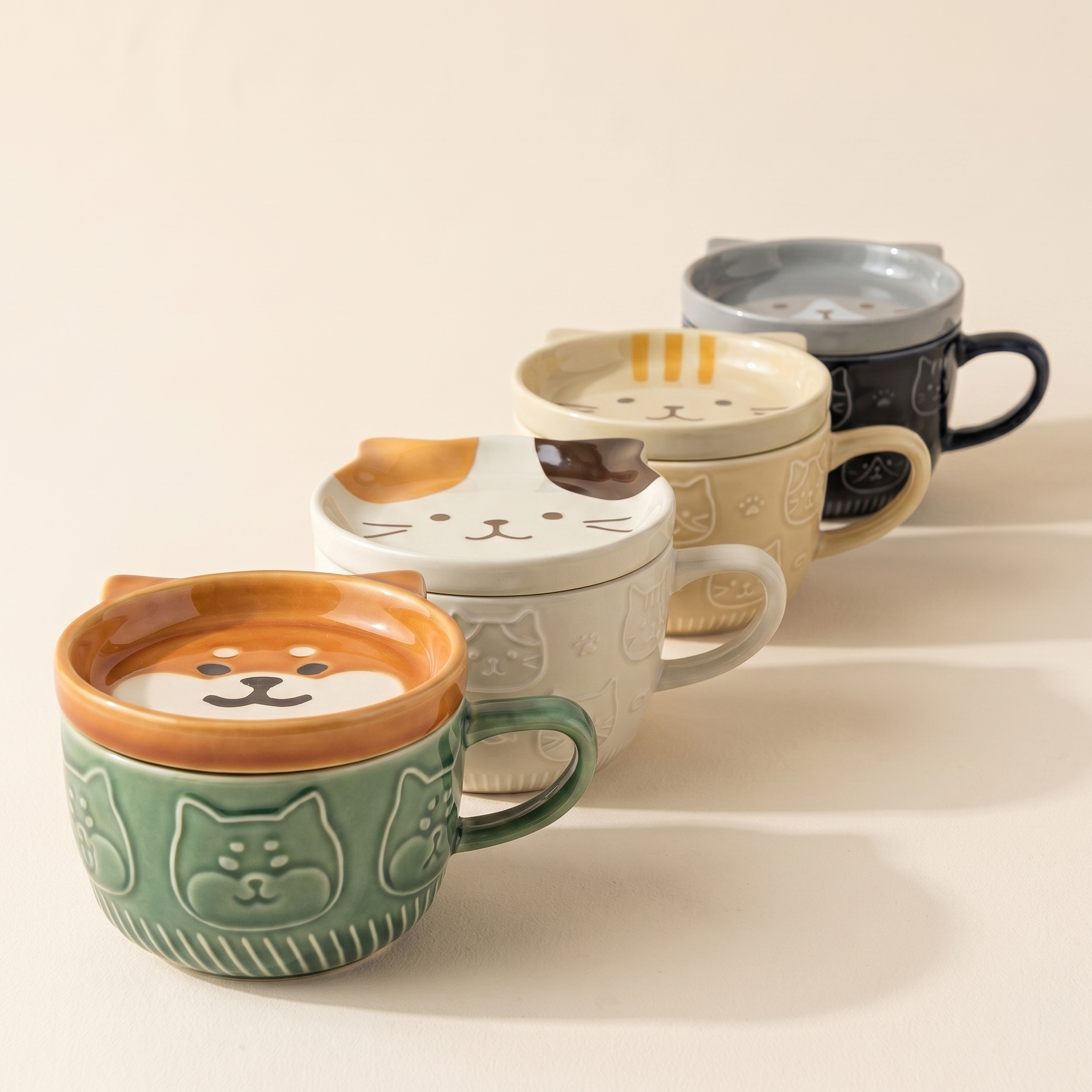 Japanese Cartoon Cat Ceramic Mug 11.8 oz Blue Orange Three-Color Shiba - MoriMori Home