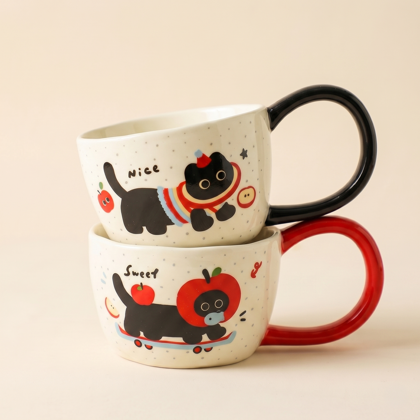 Kitten Ceramic Mug 10 oz Red Apple and Black Wool variants - MoriMori Home