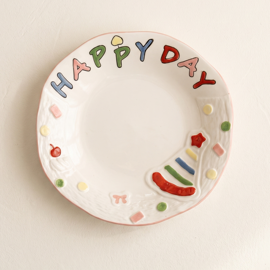 Long Live Happiness Ceramic Plate 8.5 inch illustrated happiness motif - MoriMori Home