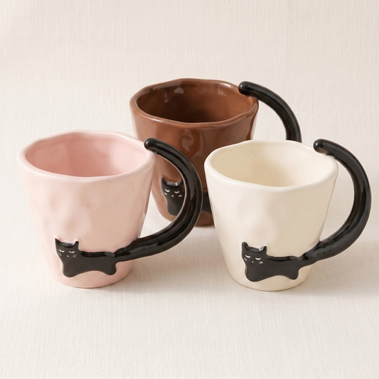 Noir Cat Embossed Ceramic Mug 10 oz 3D cat-tail handle - MoriMori Home