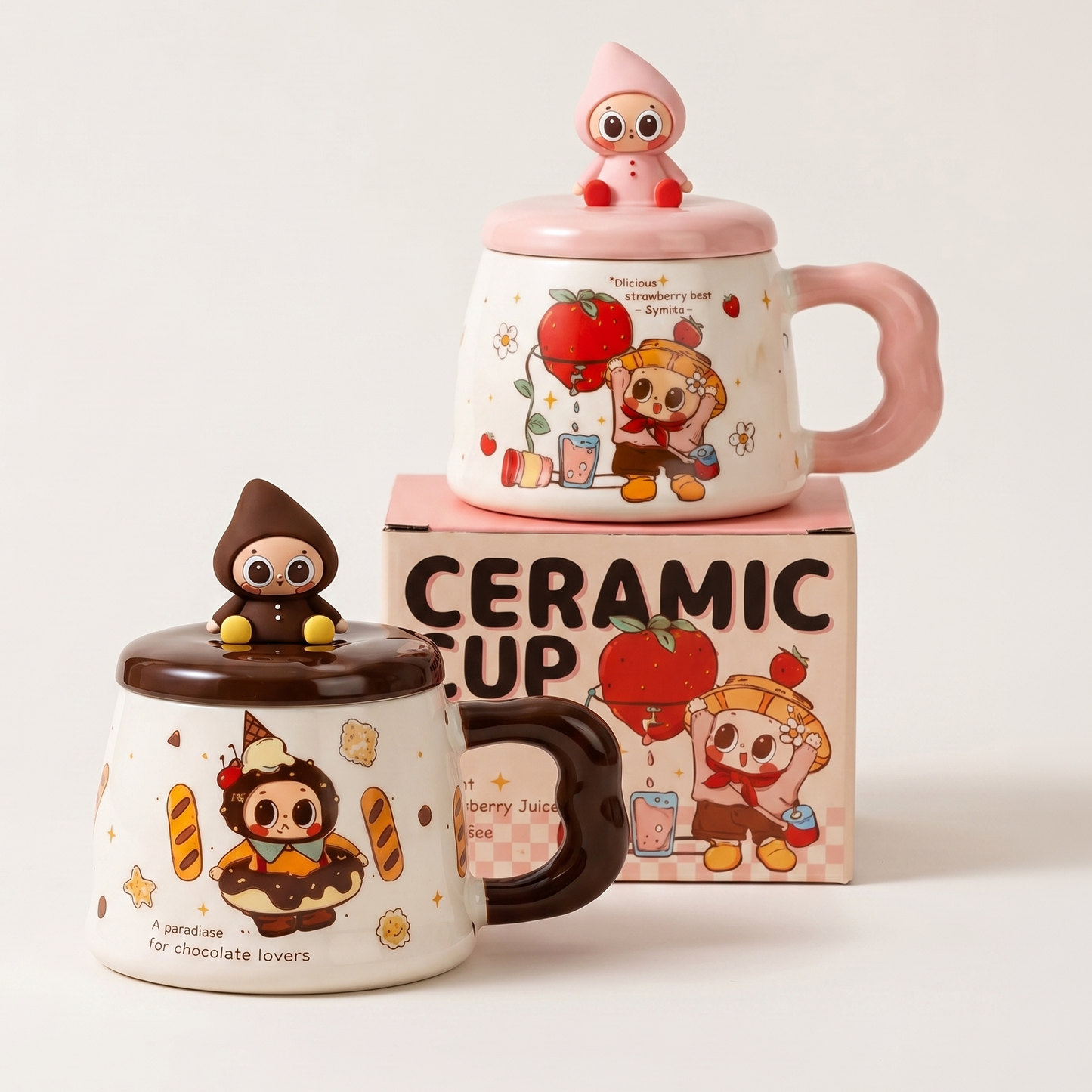 Pipo Strawberry Ceramic Cup with Lid 13.5oz Pink and Brown - MoriMori Home