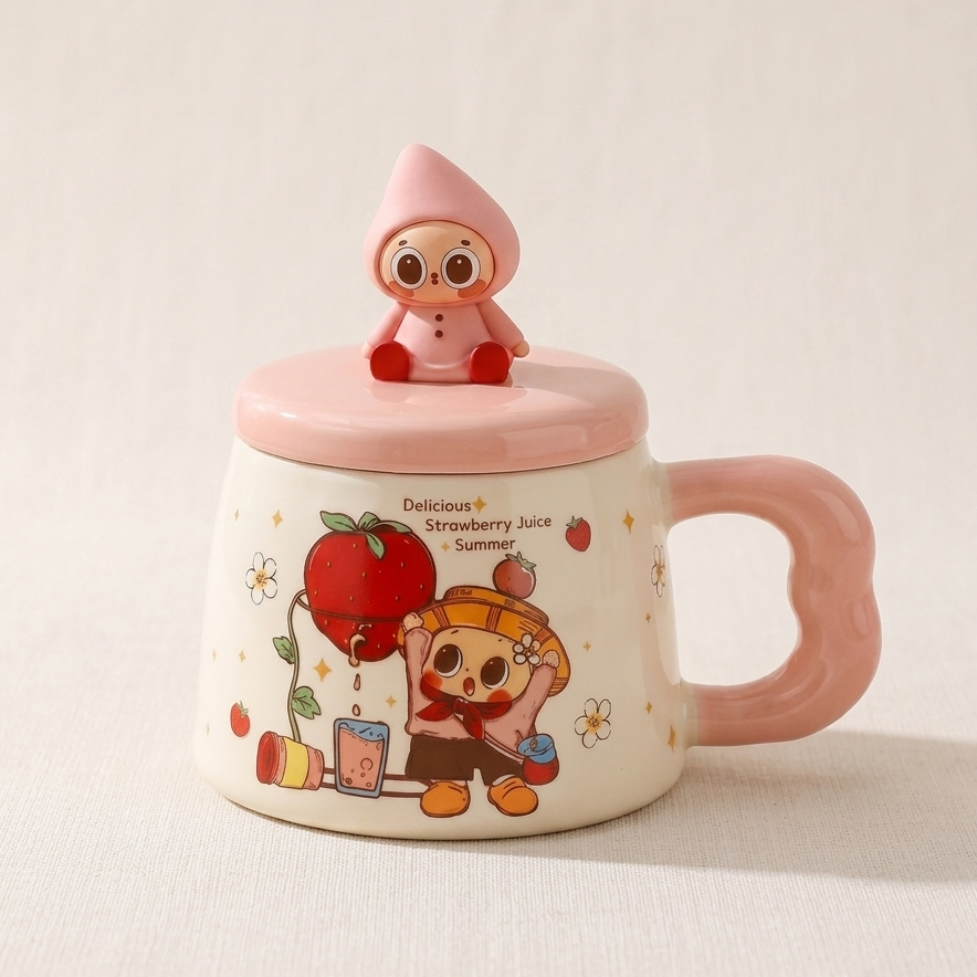 Pipo Strawberry Ceramic Cup with Lid Blush front - MoriMori Home