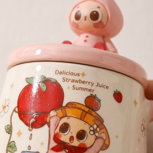 Pipo Strawberry Ceramic Cup with Lid Blush detail - MoriMori Home