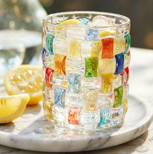 Rattan Hand-Painted Whiskey Glass 10oz rattan weave pattern - MoriMori Home
