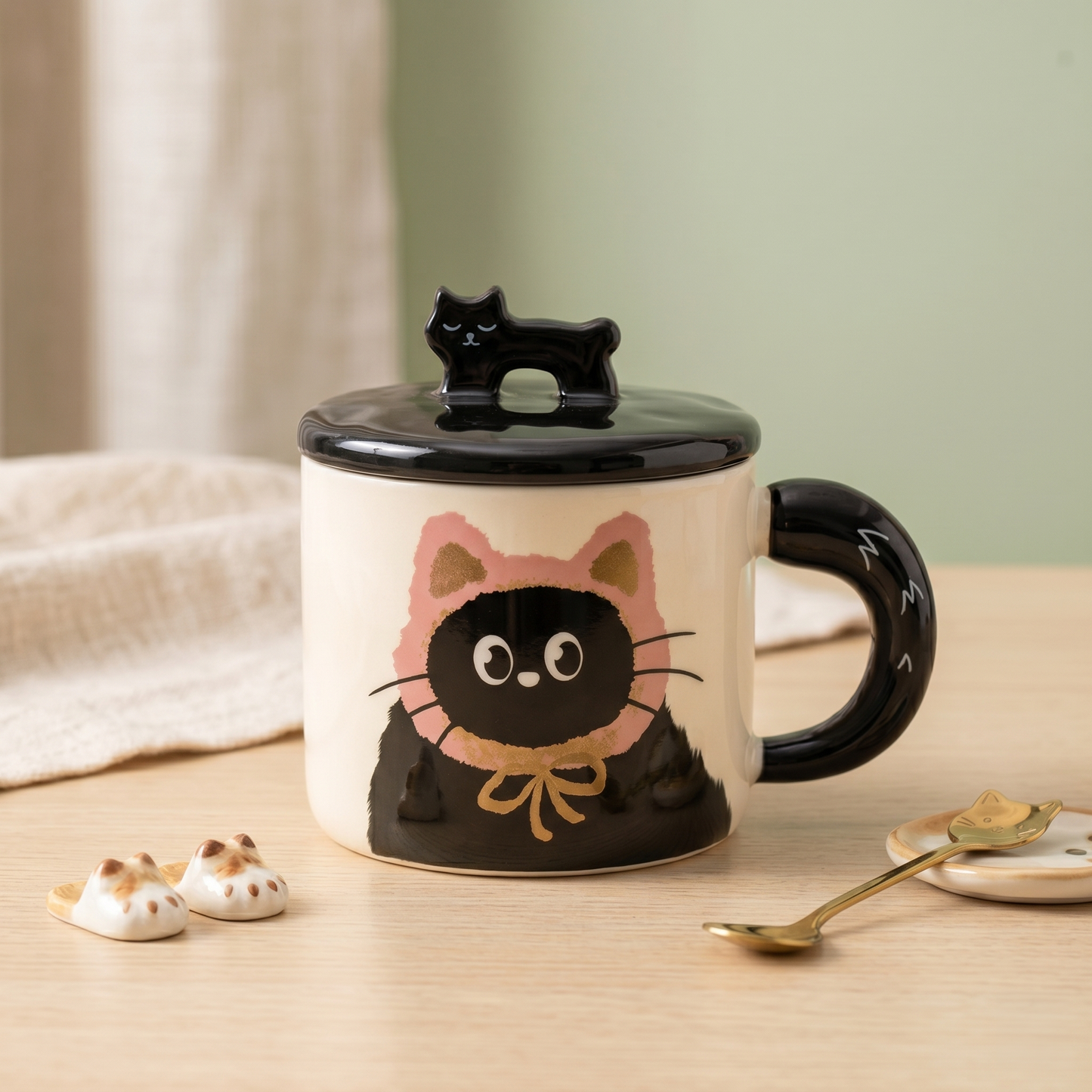 Cat Character Ceramic Mug with Lid · 12 oz