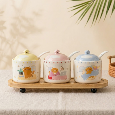 Little House Cat Ceramic Seasoning Jar Set of 3 & Tray