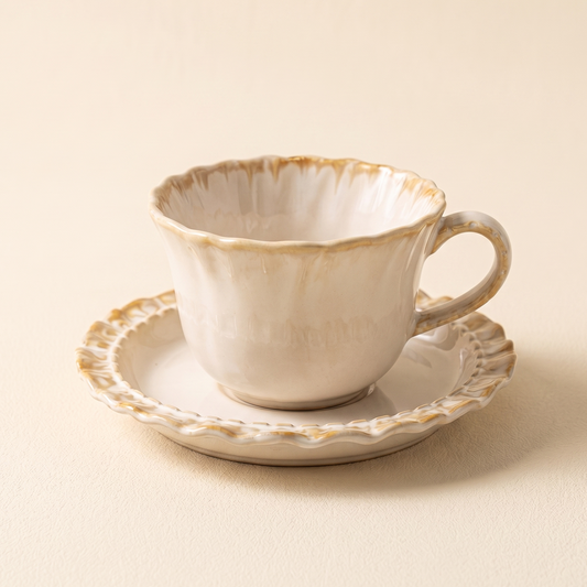 Seashell Latte Cup and Saucer Set 8.5 oz caramel reactive kiln glaze - MoriMori Home