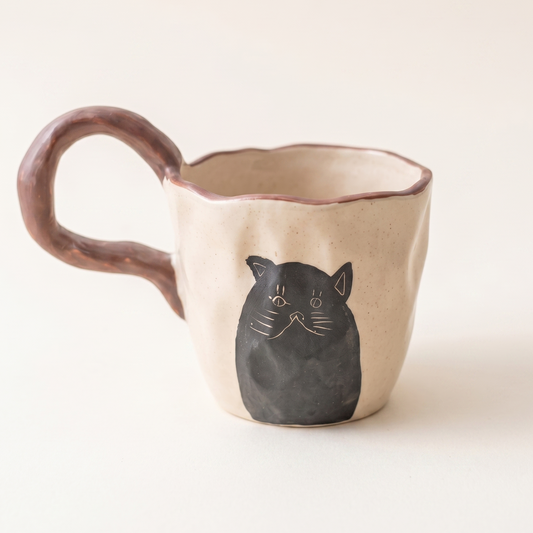 Shadow Cat Hand-Kneaded Ceramic Mug 8 oz organic pinched body - MoriMori Home