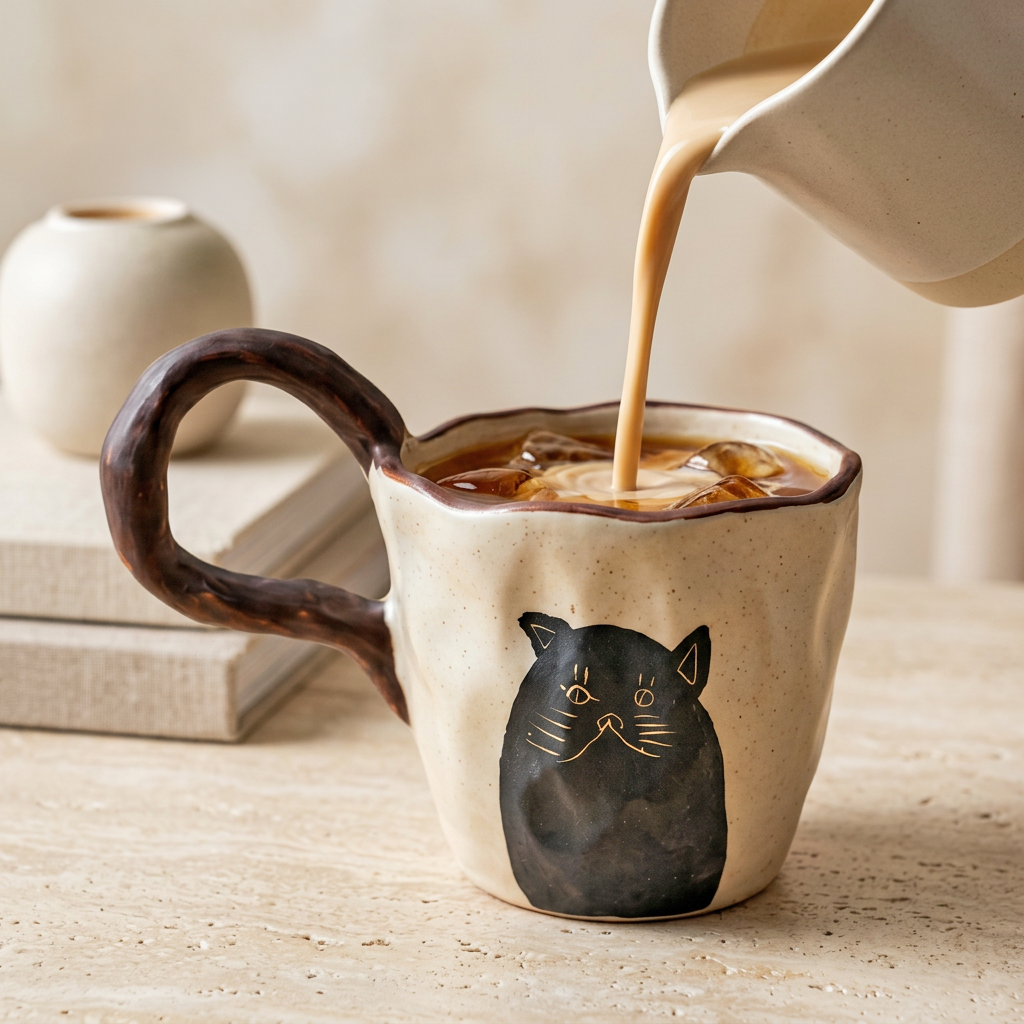 Shadow Cat Hand-Kneaded Ceramic Mug styled - MoriMori Home