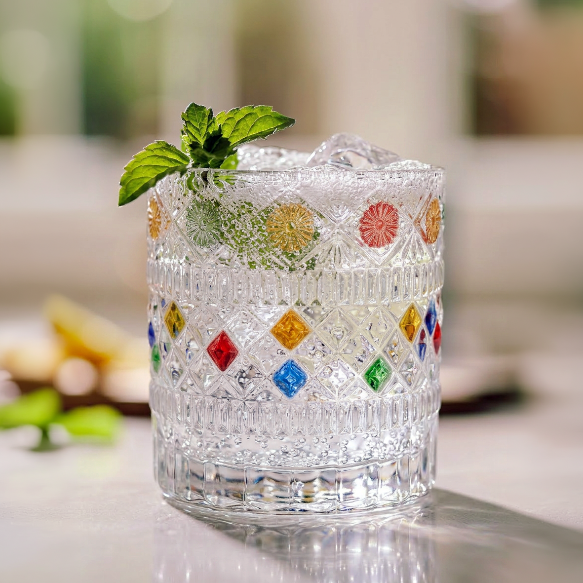 Star Diamond Hand-Painted Whiskey Glass 10oz sparkling diamond pattern - MoriMori Home