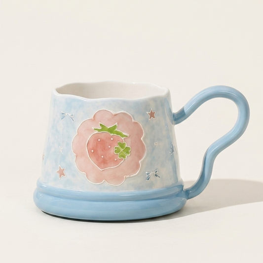 Strawberry Blossom Ceramic Mug 13 oz Blue Pink scalloped rim - MoriMori Home