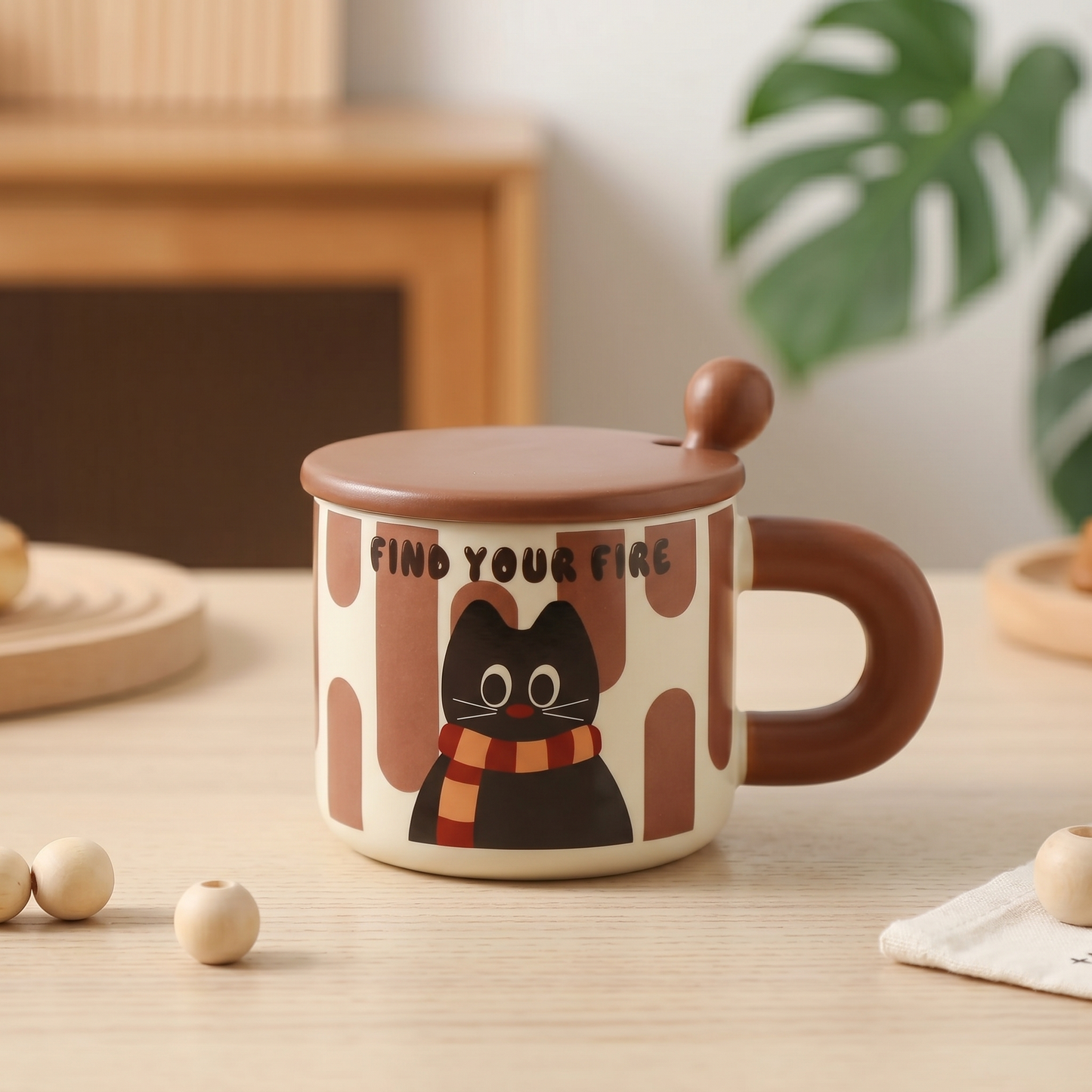 Cat Illustrated Ceramic Mug with Lid · Gift