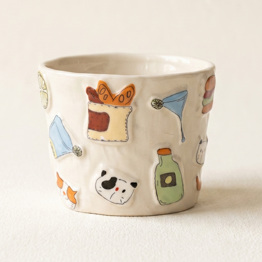 Summer Party Mini Ceramic Cup hand-pinched wavy rim retro illustrations - MoriMori Home