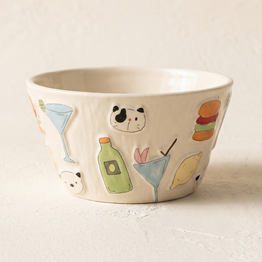 Summer Party Rice Ceramic Bowl 5 inch wavy rim retro summer doodles - MoriMori Home